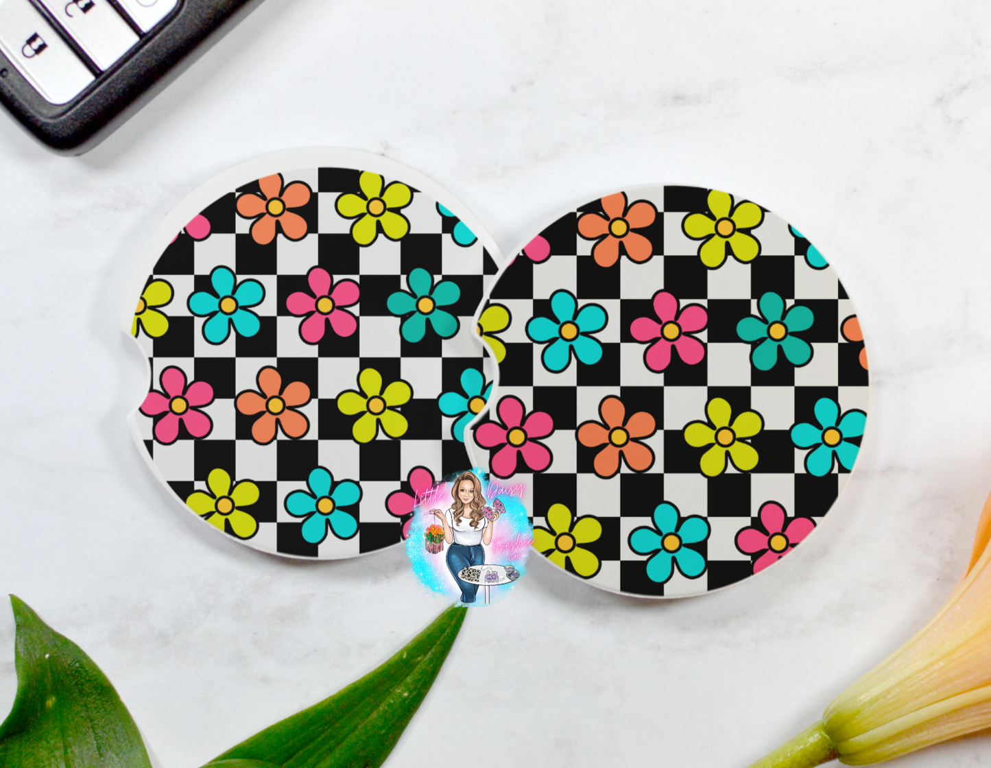 Checkered flowers Car Coasters