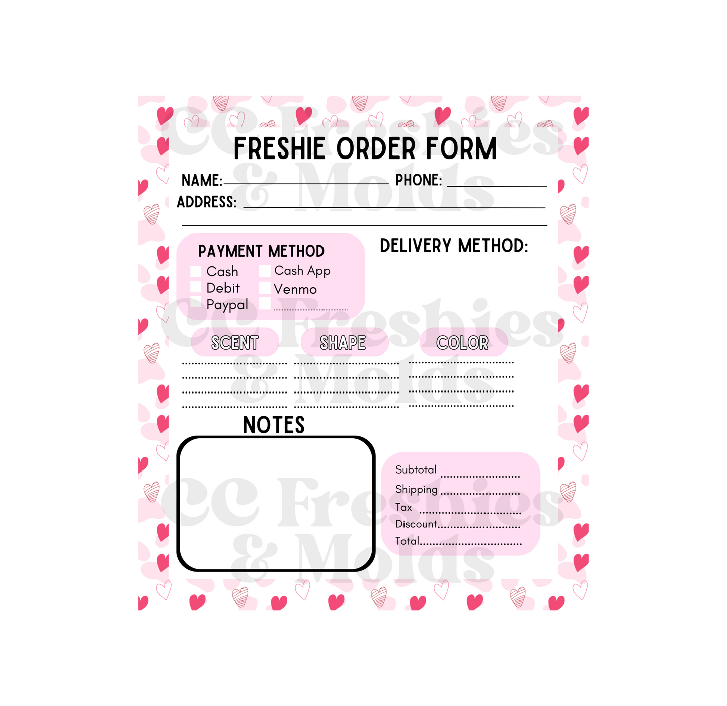 Hearts Freshie Order Form Notepad